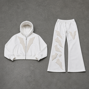 Custom 2 Piece <b>Tracksuit</b> Set <b>White</b> Cropped Zip Hoodie Wide Leg Flared Sweatpants Applique Patch Streetwear Manufacturer - Product Image 1