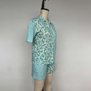 T-shirt Katun Kasual Cetak NAVY dan Piyama Bergaris Set Pendek Pakaian Tidur Dua Potong untuk Wanita