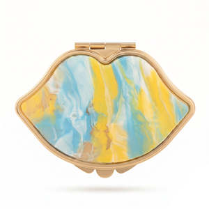Lip Shaped Compact <b>Mirror</b> Acetate <b>Acrylic</b> Inlay Double Sided Glass Premium Metal Frame Pocket Makeup <b>Mirror</b> Blue - Product Image 1