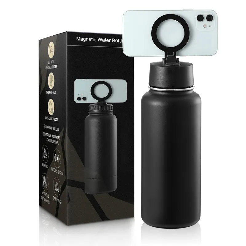 Stainless steel water bottle magnet top magnetic tripod water bottle phone stand adjustable magnet top magnetic lid water bottle