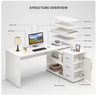 Bureau d'ordinateur moderne en forme de L blanc avec tiroirs de rangement et étagères ouvertes, poste de travail d'angle pour bureau à domicile ou étude