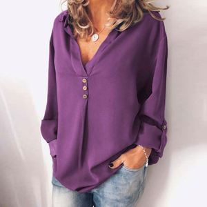 Yeni moda kadınlar bahar sonbahar şifon uzun kollu v yaka kızlar katı düğme artı boyutu gevşek üstleri T-shirt bluz - Product Image 4