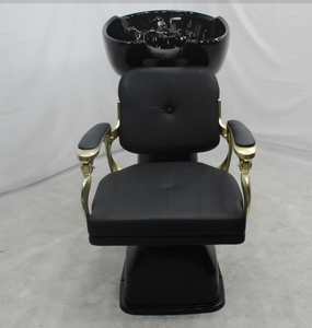 Fauteuil de lavage moderne avec lavabo en céramique, robinet, structure noire et dorée, base sur piédestal, pour salon de beauté, coiffeur, durable, facile à nettoyer - Product Image 2