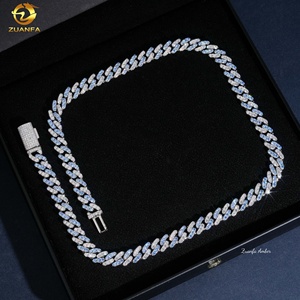 Colar Masculino Fino de Prata S925 10MM, Estilo Hip Hop Iced Out, com Diamantes Moissanite VVS de Corte Redondo, Cores Azul Água e Branco Misto, Corrente Elo Cubano - Product Image 2