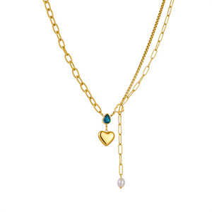 European American Style Heart Pendant Necklace Stainless Steel Gold Tone Pearl Blue Stone Chain Gift Jewelry N2260 - Product Image 5