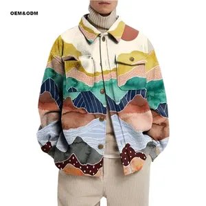 OEM personalizado de los hombres de mezclilla Cardigan Shacket chaqueta de moda Streetwear impreso de gran tamaño camisa gruesa bordada estilo Safari