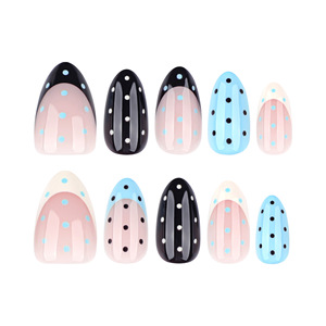 Faux ongles à presser en amande à pois français, bleu, noir, nude, réutilisables, pour femmes, tendance, pointes d'ongles artificielles - Product Image 2