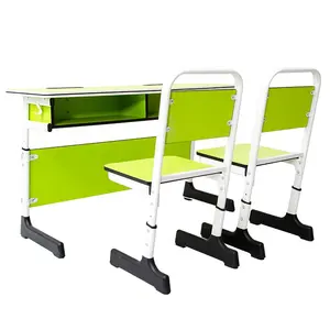 학교 테이블과 의자 교실 가구 나무 학생 책상 대학 2 석 조정 가능한 학교 책상 및 의자 세트