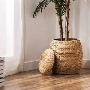 Panier de rangement rond en jacinthe d'eau tressée sur mesure pour vêtements, avec couvercle, pour salon et chambre à coucher - Vente en gros - Product Image 5