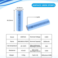 Batterie lithium-ion 18650 JP30 Ampace 3000mAh 3.6V à décharge élevée 140A pour pack de batterie d'outils électriques à semi-conducteurs
