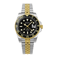Zweifarbige Gold Edelstahl GMT Mechanische Uhr 100M Wasserdicht Saphirglas Taucheruhr