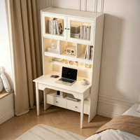 Bureau informatique tout-en-un en métal style crème français, direct usine, avec huche, étagère et éclairage LED pour bureau à domicile