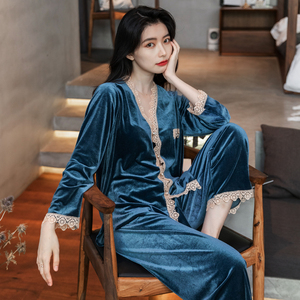 Conjunto de <span class=keywords><strong>pijamas</strong></span> clásicos de terciopelo de lujo para mujer, <span class=keywords><strong>Pijamas</strong></span> largos de invierno con costuras de encaje XL, ropa de dormir clásica de lujo de invierno con costuras de encaje XL - Product Image 3