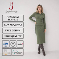 Robe chemise élégante Joydressing en maille côtelée vert armée, froncée sur le côté avec cordon de serrage, longueur midi, pour femme de bureau, OEM ODM