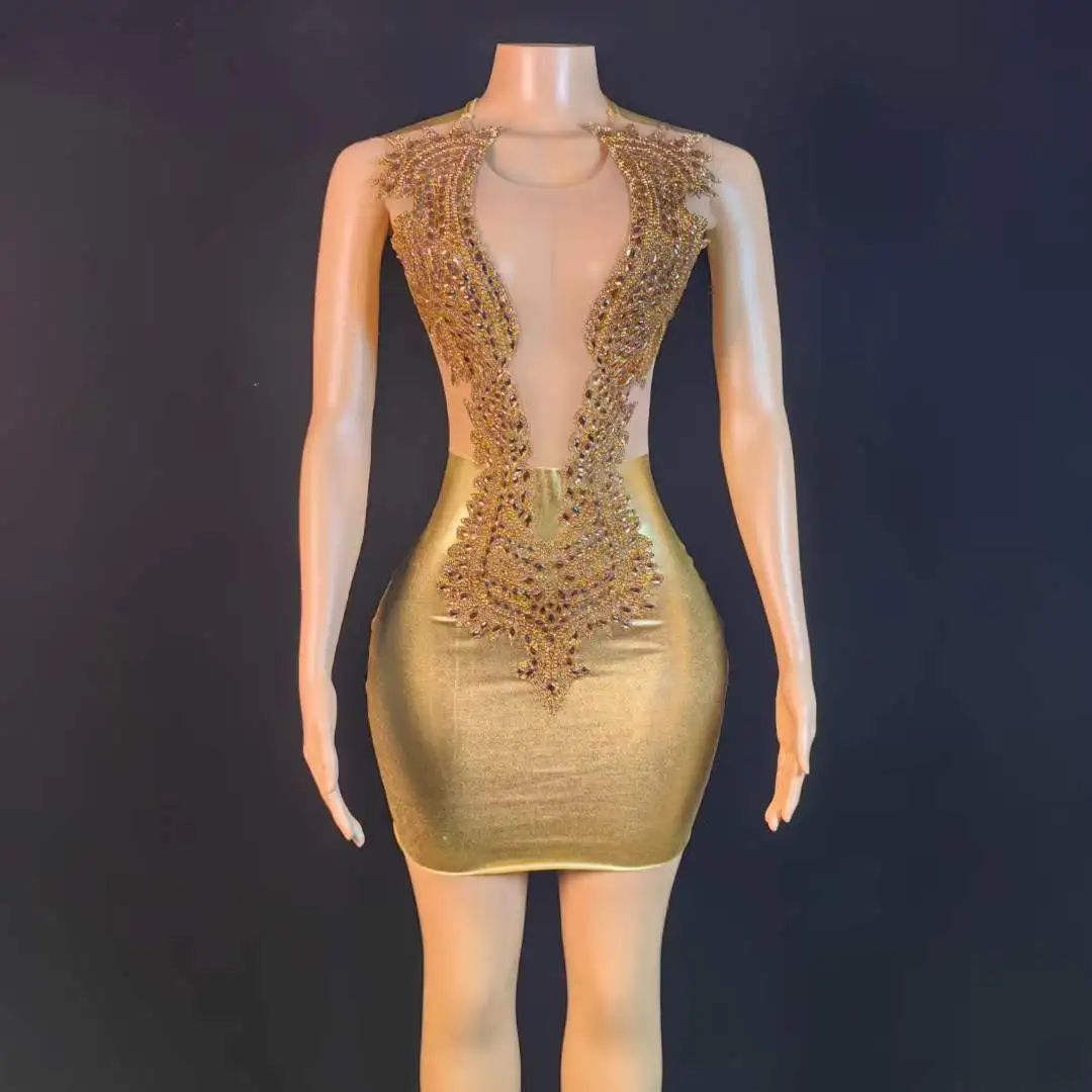 Gold Sparkly Rhinestone Sexy Short Dress Women Birthday Prom Evening  Performance Costume Drag Queen Outfit Sleeveless Stage Wear| Alibaba.com