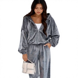 Women's Flared Hooded <b>Velvet</b> Two-Piece Sports Tracksuit Set Breathable Polyester/Cotton Long Length Casual Style - Product Image 1