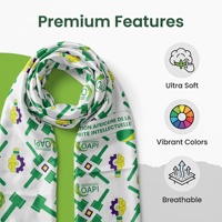 Écharpe de sport musulmane en satin de polyester doux et lisse, imprimés aux couleurs vives sur le thème de l'équipe, franges vertes, fonction anti-transpiration pour le match