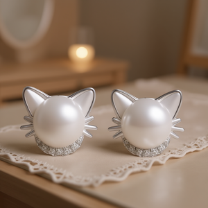 Pendientes bonitos con forma de gato para mujer, chapados en oro blanco, perlas de imitación, joyería de regalo, aleación chapada en plata, diseño de dibujos animados - Product Image 2