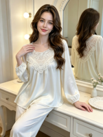 Pyjama long en satin uni et lisse pour femme, taille élastique, manches longues, style décontracté et luxueux, idéal pour le printemps