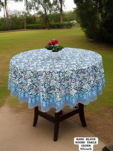 Nappe ronde imprimée à la main 90 pouces – Nappe en coton bleu à motifs floraux avec bordure décorative - Product Image 6