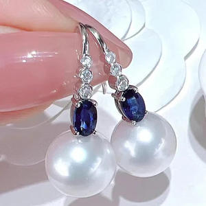 Pendientes de perlas Tjabelle, plata 925, perlas cultivadas, zafiro azul, diamantes, joyería de lujo para boda para mujer - Product Image 4