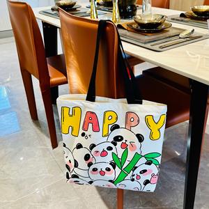 Large Cotton <strong>Panda</strong> Canvas Tote <strong>Bag</strong> with Fashionable New Design Zipper Closure Two Handles Custom Cartoon Student Girls Women - Product Image 6