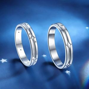 Bagues de couple plaquées platine, brillantes, étoilées, pour homme et femme, romantiques, de mariage, ajustables, ouvertes, avec zircon brillant - Product Image 3