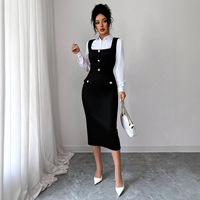 Robe longue pour femme, style vintage, décontractée et professionnelle, sans manches, avec poches, coupe crayon, taille haute, col carré, en polyester et élasthanne, pour le printemps