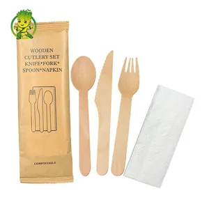 Birch Wood Cutlery Set Eco-Friendly 5 In 1 Spoon Fork Knife Napkin Biodegradable Compostable Cutlery Wood Tableware Utensils Set