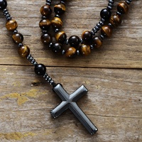 Collier pendentif chapelet catholique en perles d'œil de tigre naturel et onyx, avec croix en hématite, pour couples, bijoux pour hommes et femmes