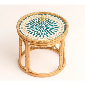 Boho Handwoven Rattan Side <b>Table</b> Mother of Pearl Top <b>Round</b> Small Coffee <b>Table</b> <b>Bedside</b> Nightstand for Home Decor - Product Image 2