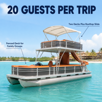 Bateau ponton de luxe en aluminium de 30 pieds pour 20 personnes, à double pont, avec toboggan et pont solaire, idéal pour les fêtes, les flottilles de location de stations balnéaires et les lacs.