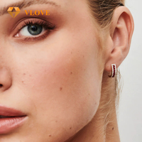 Boucles d'oreilles créoles en or massif 14 carats avec rubis de laboratoire et diamants de laboratoire pavés, bijoux fins pour femmes, à porter au quotidien