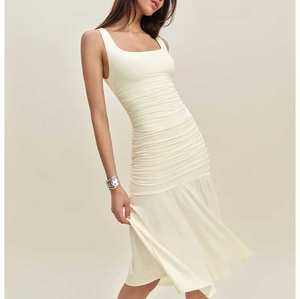 بيع بالجملة مخصص بلا أكمام الصيف عارضة روتشد ميدي اللباس للنساء حلو النمط الصلبة نمط عادي مصبوغ الخصر الطبيعي - Product Image 3