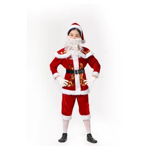 어린이 크리스마스 의상 산타 클로스 의상 인쇄 크리스마스 세트 모자 숄 탑 바지 벨트 부츠 벙어리 수염 가발 세트
