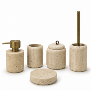 Ensemble d'accessoires de salle de bain en travertin blanc d'inspiration méditerranéenne, accessoires en pierre arrondie, décoration de salle de bain organique - Product Image 1
