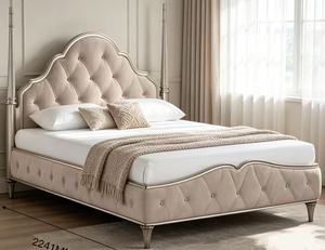 Premium Queen Size Silver Four Poster <b>Bed</b> With Beige Velvet Diamond Tufted Arched Headboard For Luxury Bedroom - Product Image 1