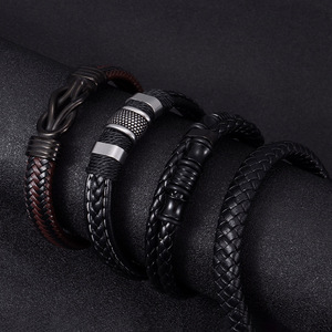 Men's Handmade Woven Leather <b>Bracelet</b> <b>Set</b> Black Braided Bangle Gift Jewelry YM-0042 - Product Image 1