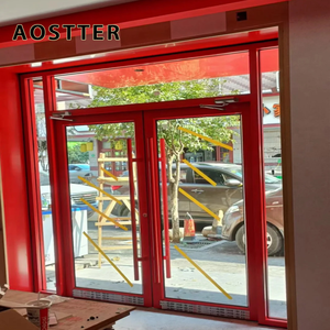 Porte battante commerciale en aluminium rouge vif AOSTTER avec panneau haute visibilité et <span class=keywords><strong>barre</strong></span> anti-panique durable pour vitrine <span class=keywords><strong>de</strong></span> magasin - Product Image 6