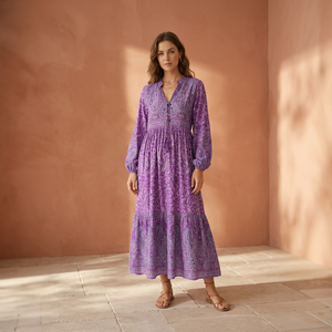 High Quality Purple Paisley Print Maxi Dress A-Line V-Neck Regular Sleeve Cotton Party <b>Dropped</b> Waist Comfortable Women's Gown - Product Image 1