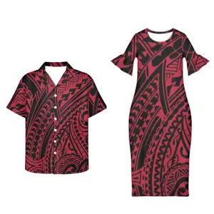 최신 사용자 정의 폴리네시아 사모아 부족 디자인 인쇄 파티 커플 의류 여성 라운드 넥 프릴 슬리브 드레스 경기 남성 셔츠