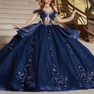 Платья для церемонии Кинсеанера: бальное платье с открытыми плечами, темно-синяя юбка для девочек, платье принцессы для выпускного бала - Product Image 3