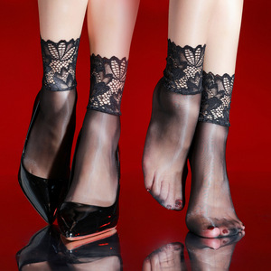 Lace Socks Ultra Thin Transparent Mid Calf Red Trim Black Women's Socks Four Seasons Nylon High Elasticity - Product Image 2