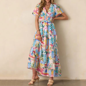 Custom watercolor print deep V-neck ruffled elastic waist short-sleeved beach <b>dress</b> high-quality rayon casual <b>dresses</b> - Product Image 2