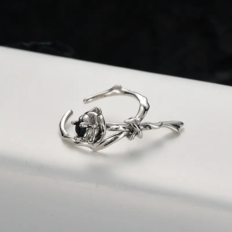 Bulk Natural Gemstone White Gold S925 Sterling Silver Rose Ring Female Open Trendy Black Diamond Flower S925 Silver Ring