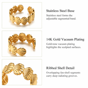 แหวนสแตนเลสสตีลลายเปลือกหอย ชุบทอง 14K แบบสุญญากาศ ปรับขนาดได้ ลายซี่โครง สีทองและสีเหล็ก ขนาด 20.7 มม. - Product Image 2