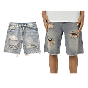 Streetwear Distressed Men Denim Shorts Wholesale Vintage Washed Men's Ripped Jeans Button Breathable Daily Short Baggy Denim - Product Image 1