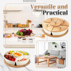 Ensemble de service pour chips et trempette de 11,4 pouces, 5 compartiments amovibles, noix, fruits, bol en céramique, plateau rotatif en bambou avec poignée en métal - Product Image 1