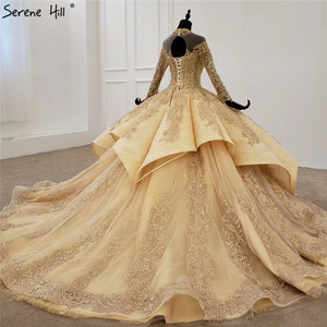 Abiti da Sposa di Lusso con Collo a O Dorato, Maniche Lunghe in Pizzo con Perline, Abiti da Cerimonia, Abiti per Quinceañera - Product Image 3