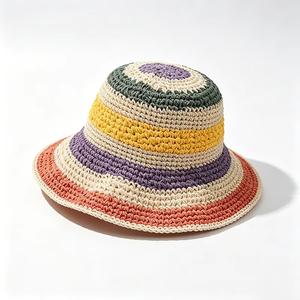 Colorful Rainbow Striped Handmade Crochet Sun Hat Unisex Hollow-Woven Casual Fisherman Bucket Hat UV-Protection Outdoor Daily - Product Image 2